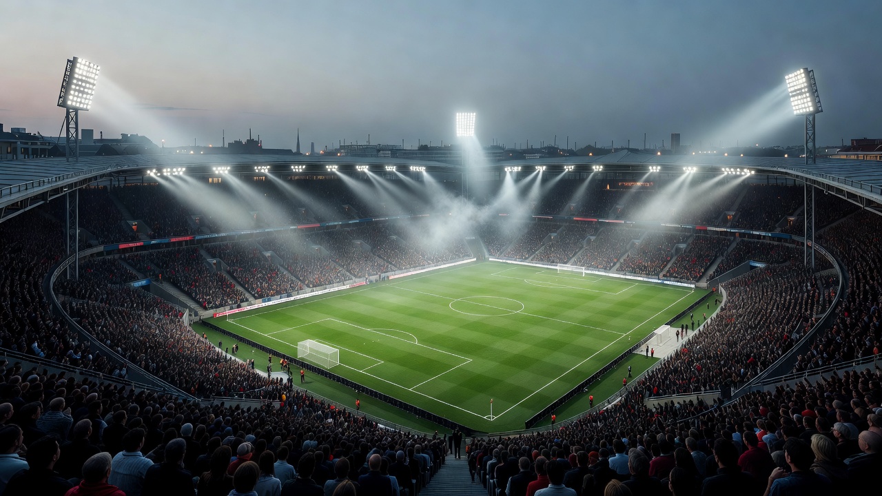 European Stadium Panorama with Atmospheric Floodlights