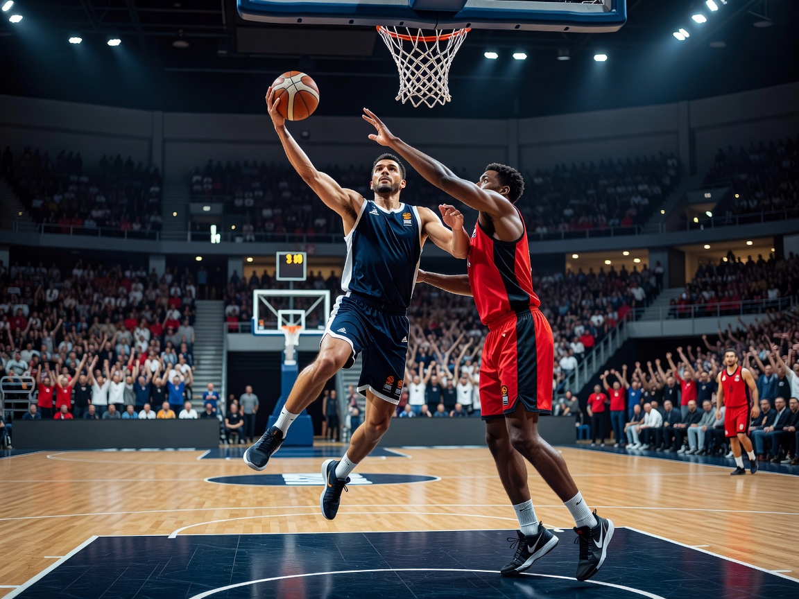 Indoor basketball court action in FIBA EuroBasket style stadium