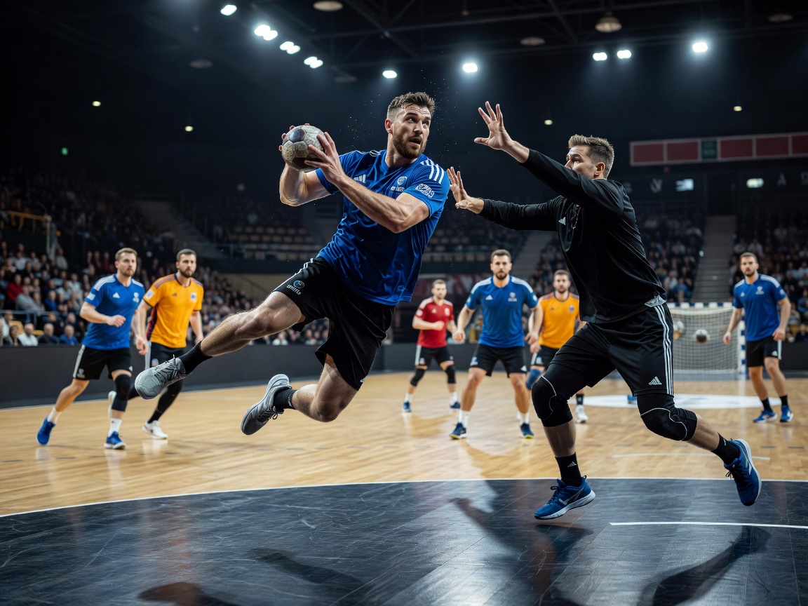 Intense indoor handball match at EHF Euro Tournament