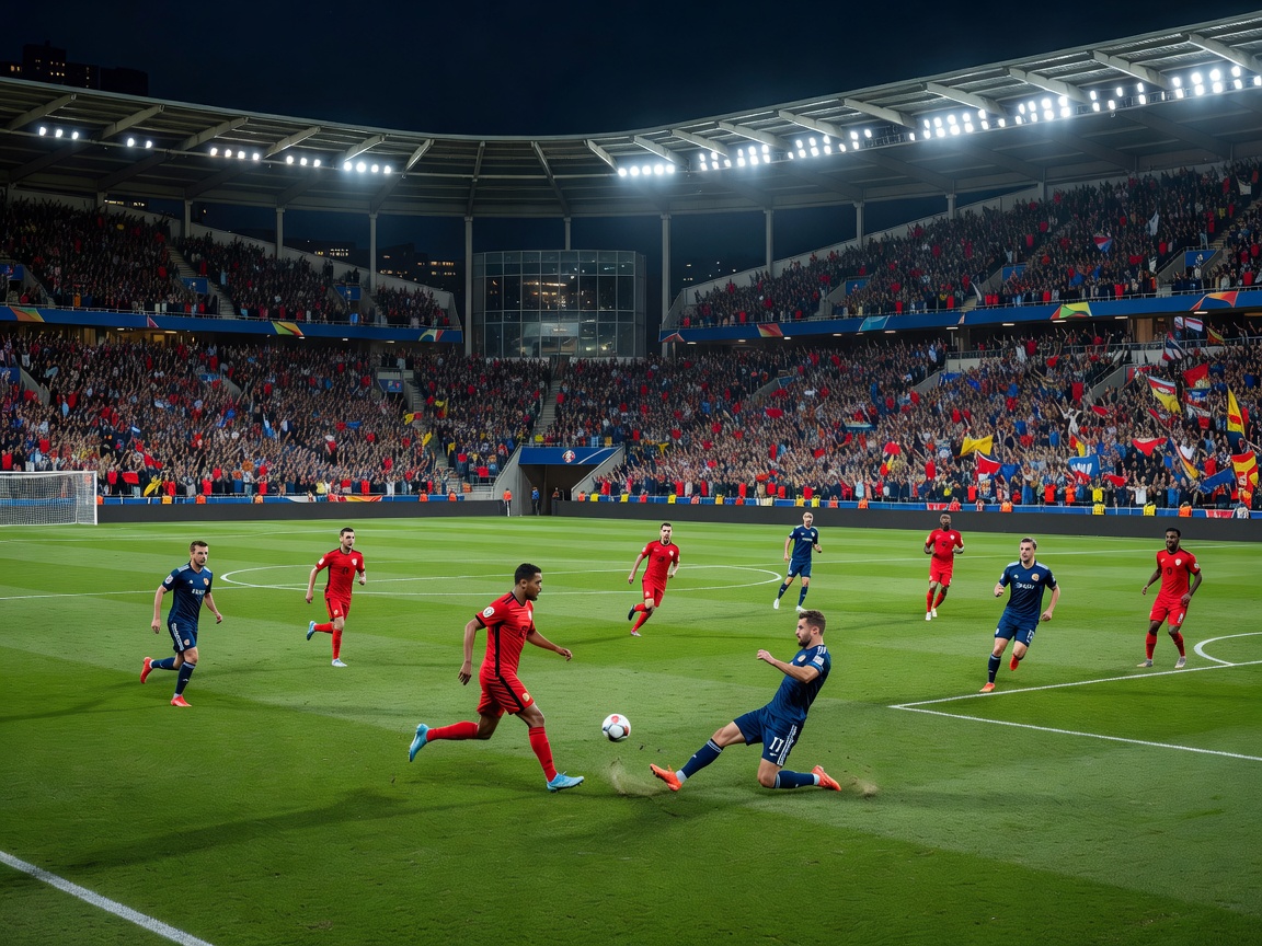 Panoramic football match in progress at European Championship stadium